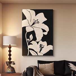 高级感侘寂花卉装饰画中古风玄关客厅沙发背景墙挂画黑白极简壁画
