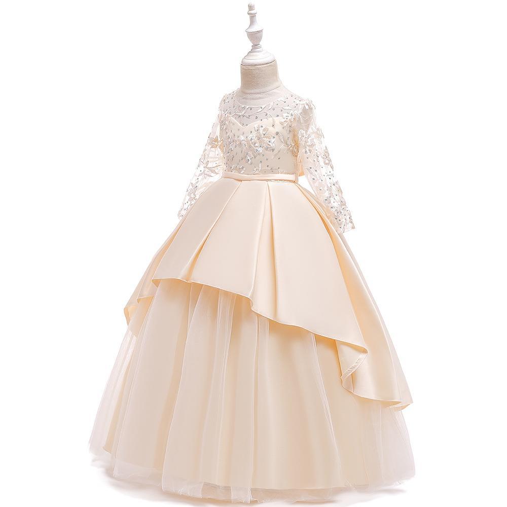 Vestido largo para niños ins vestido de princesa bordado de malla nuevo vestido de novia de manga larga para niñas fregona larga