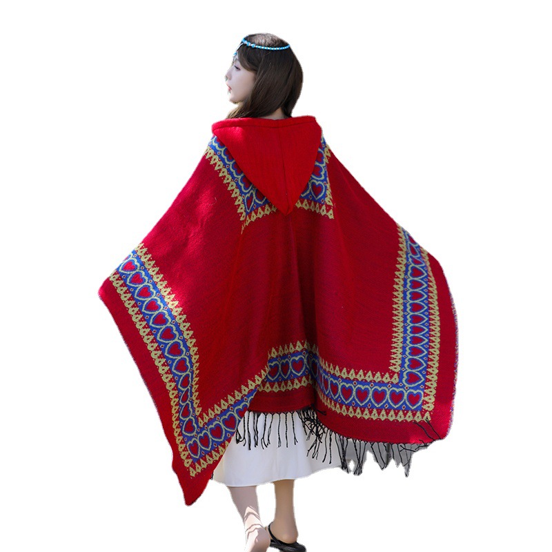 Etnische stijl rode sjaal verdikte warme omslagdoek vrouwen reizen met Yunnan Xinjiang Xizang cape capuchon mantel_voghion.com