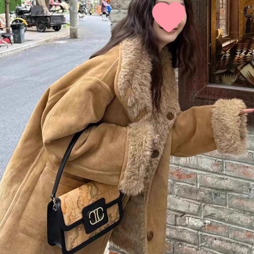 Sheepskin One-Piece Motorcycle Jacket Reversible Fur Suede Loose Thickened Fur Outwear for Women Winter