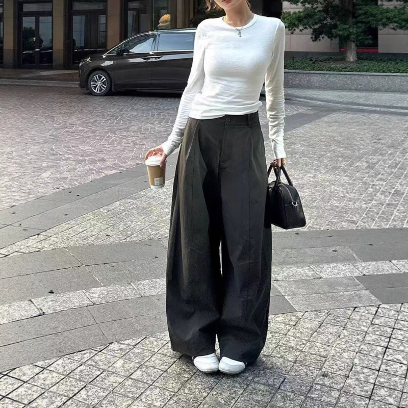 白色阔腿裤女2025年新款秋季韩系慵懒松弛宽松直筒休闲裤|undefined