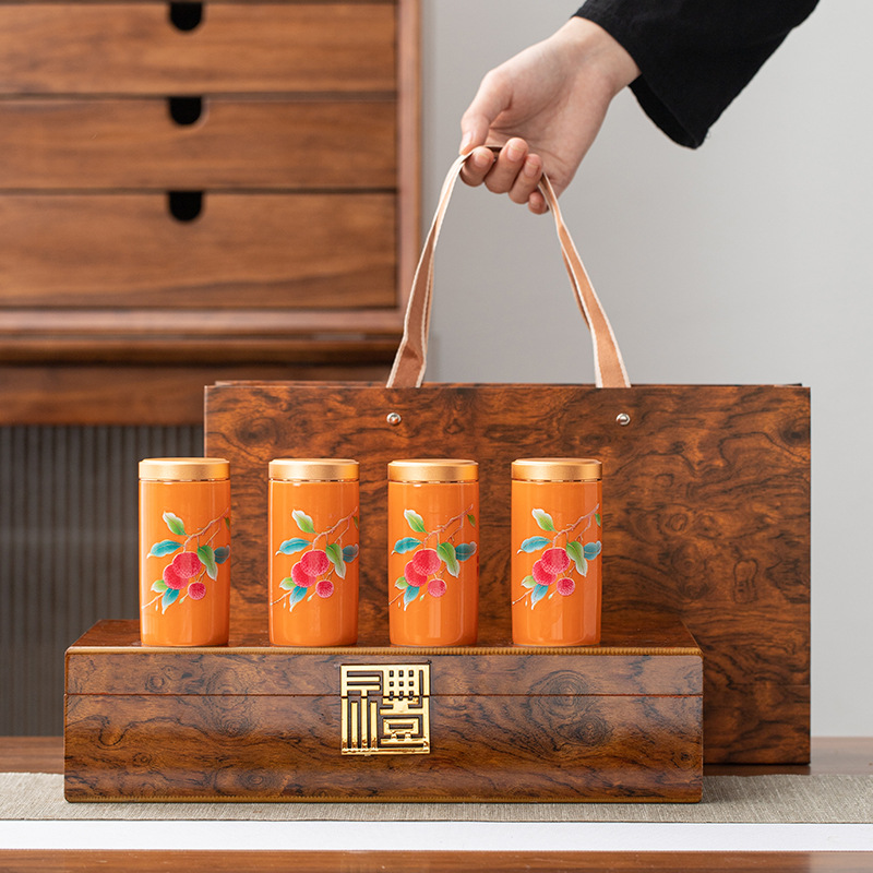 High-end Aluminum Lid Portable Tea Canister Wood Box 4-Pack Ceramic Small Jar Sealed Storage Cream Powder Rock Tea Canister