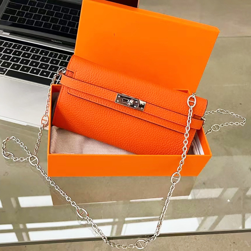 Lychee-Pattern Kelly Wallet, European and American Classic First-Layer Cowhide Leather Clutch Chain Crossbody Small Bag for Women, Vintage Style