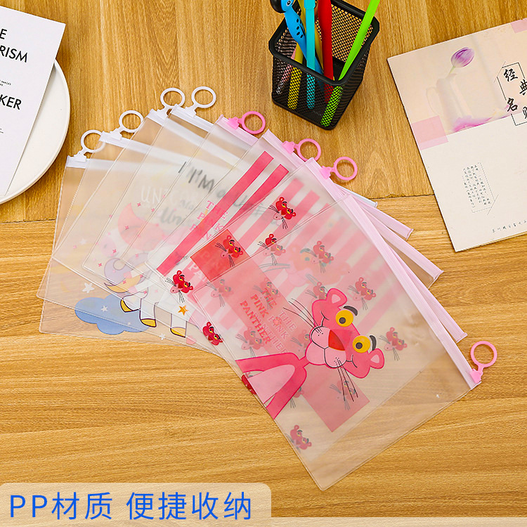 Linda chica corazón transparente archivo bolsa impermeable unicornio anillo bolsa de almacenamiento de dibujos animados Rosa leopardo estudiante lápiz caso