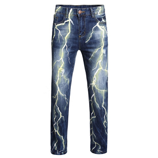 Original European and American style personality lightning hole 3D digital printing fashion jeans