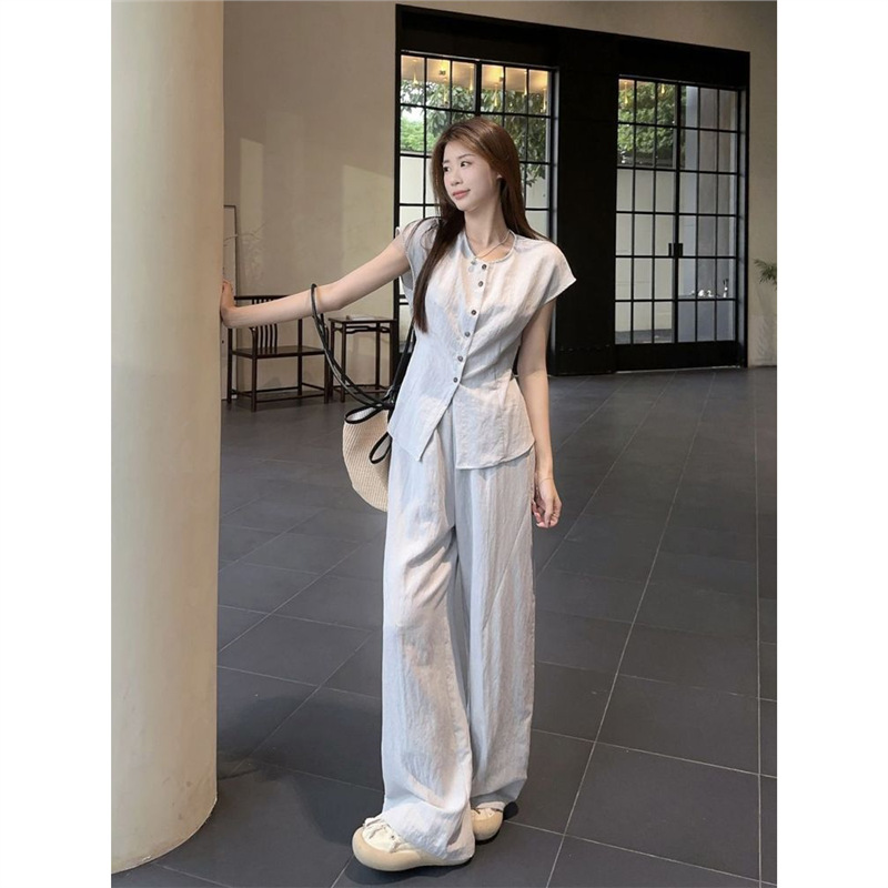 フレンチスタイルのレースアップウエストスリム半袖シャツハイウエストワイドレッグフロアレングスカジュアルパンツレディースサマーファッションスーツ|undefined