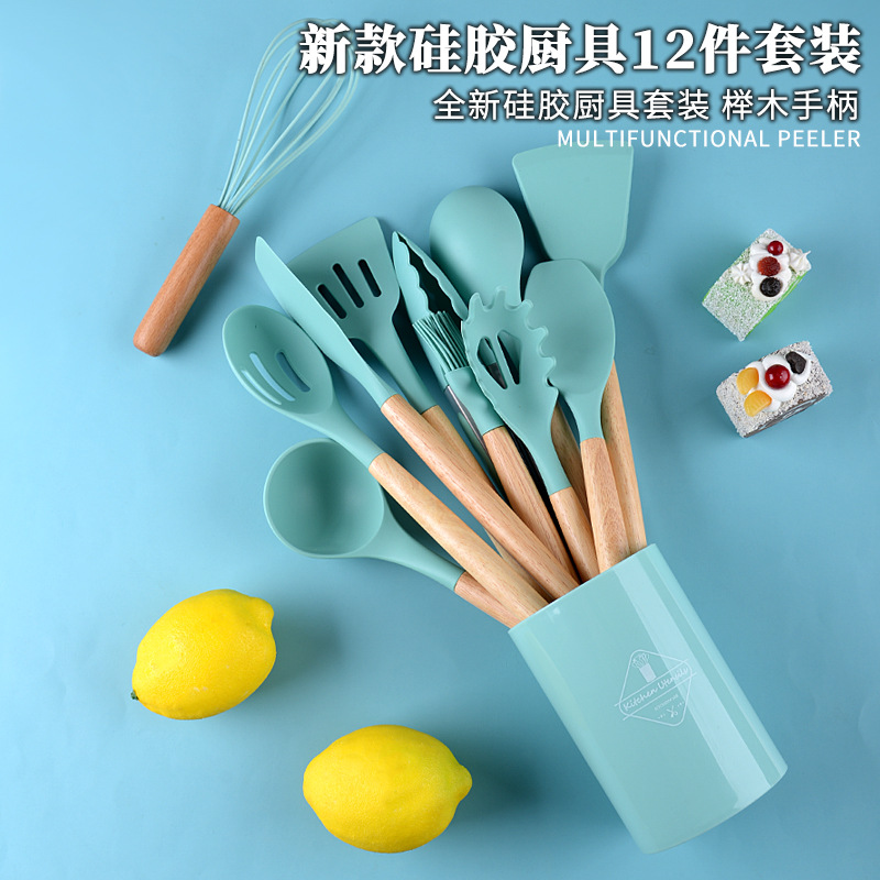 跨境硅膠廚具11件套收納桶木柄套裝不粘鍋烹飪鏟勺廚房用具