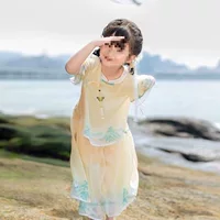 Летний тонкий костюм Hanfu для девочек, новинка 2024 года, детский костюм Тан в китайском стиле, комплект из двух предметов для маленькой девочки, модный национальный стиль.