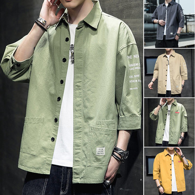 男士短袖衬衫男夏季新款青年港风宽松休闲工装大码七分袖薄款上衣|ms