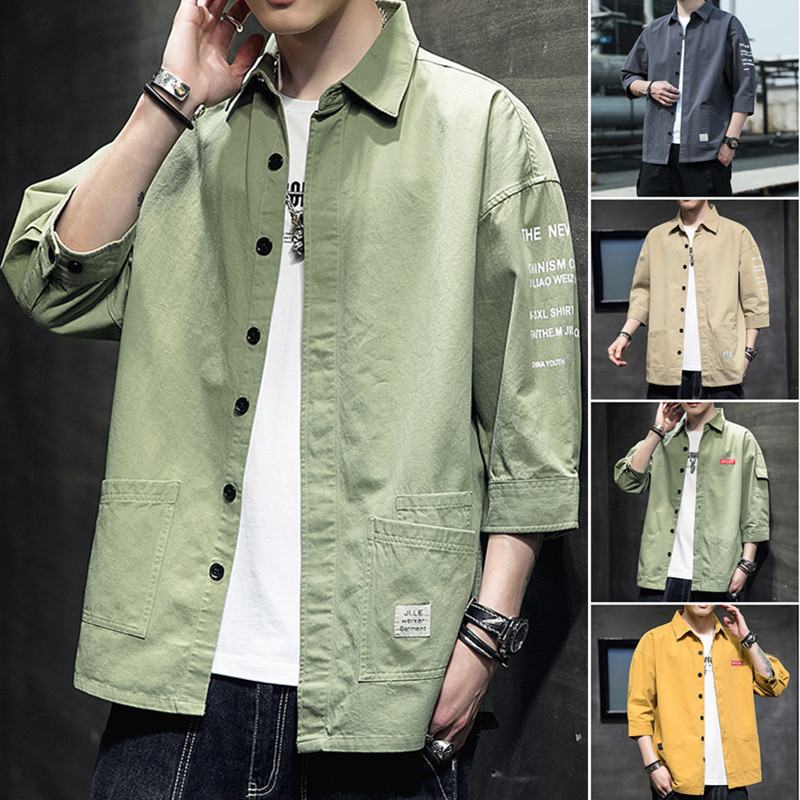 男士短袖衬衫男夏季新款青年港风宽松休闲工装大码七分袖薄款上衣|ms