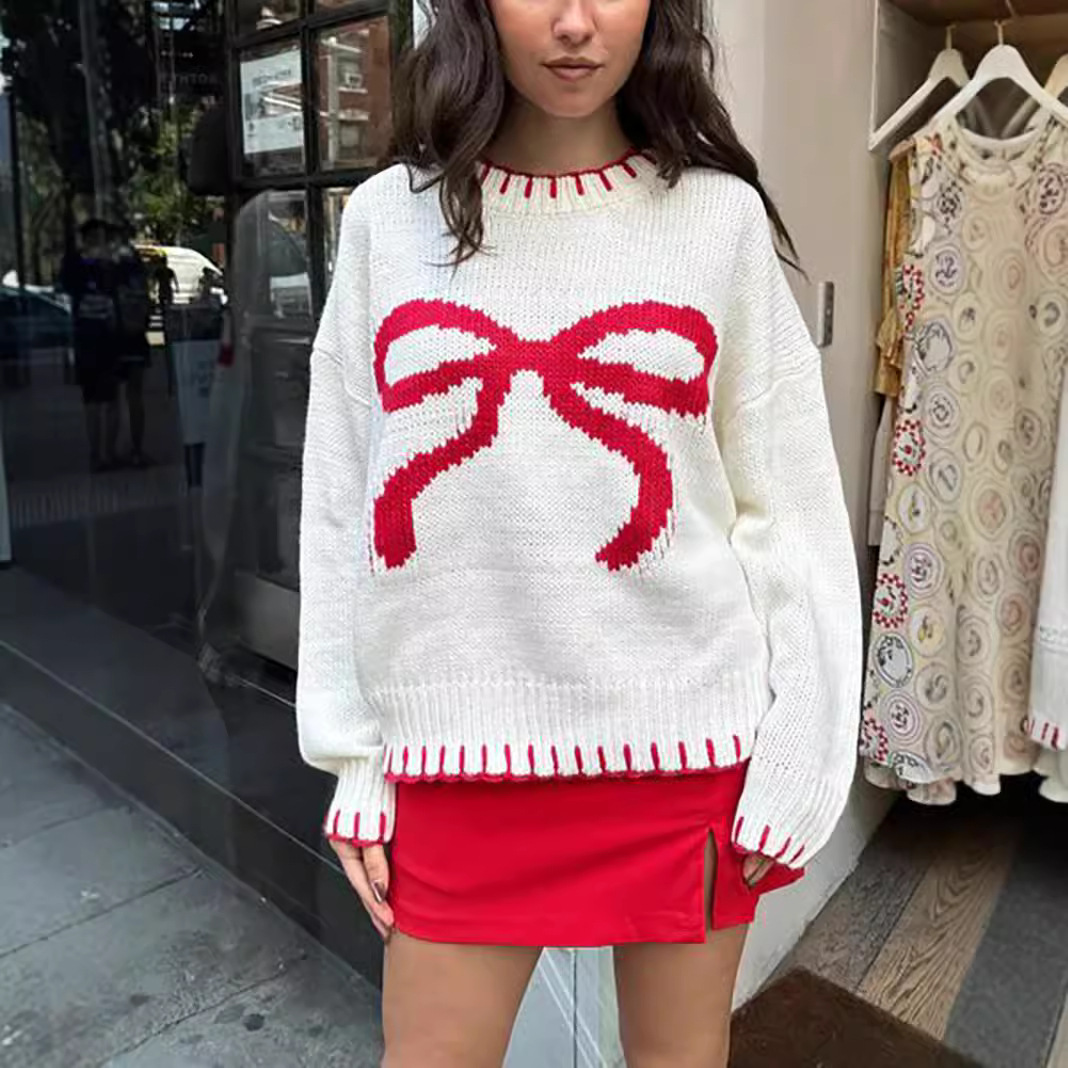 Women's Clothing Women's Bow Jacquard Sweater Autumn And Winter Lazy Style Loose Warm And Comfortable Pullover Sweater_voghion.com