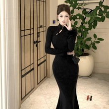 2620 跨境新中式国风改良立领修身显瘦长袖鱼尾旗袍连衣裙长款