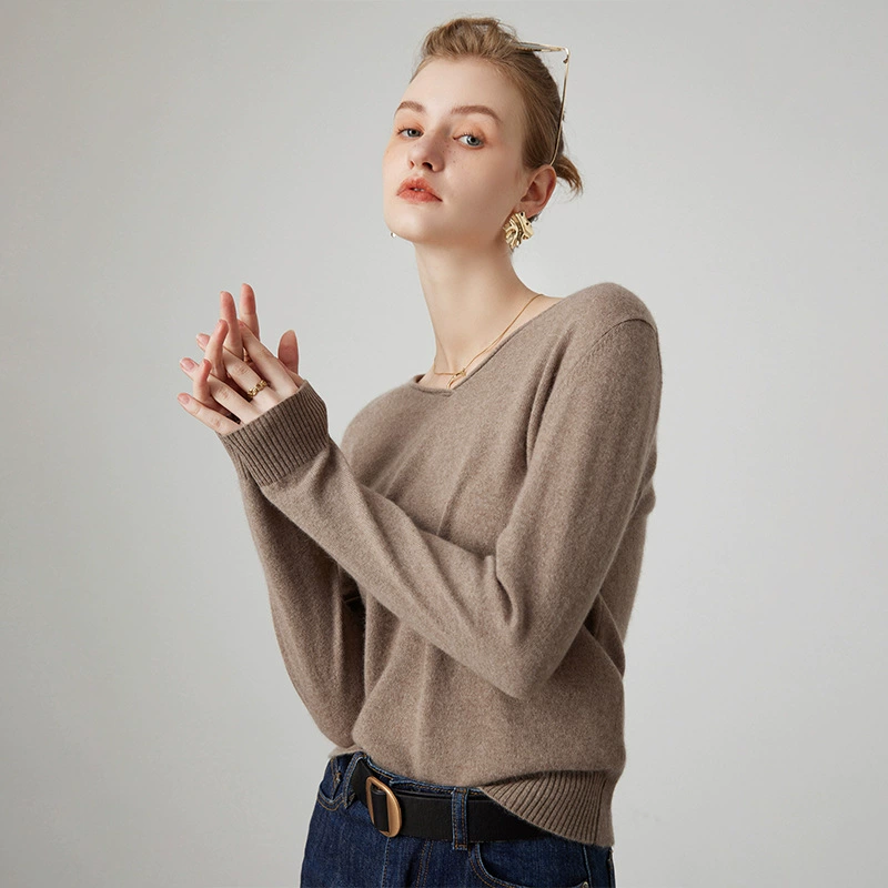Кашемировый свитер с V-образным вырезом, женский осенне-зимний свободный Однотонный пуловер, внутренний свитер, Вязаная Шерстяная Базовая рубашка для женщин