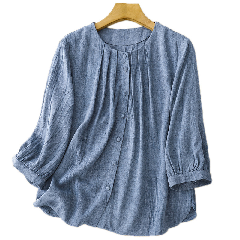 Women's Solid Color Button Down Cardigan Shirt Heavy Duty Cotton Linen Round Neck Three Quarter Sleeves Loose Fit Artistic Versatile Breathable Top_ecoleips.com
