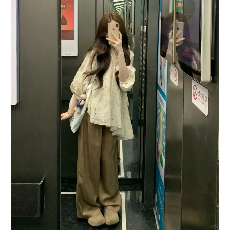 シングルピース/2025 新しい夏の女性のための新しい中国風のルーズ中空シャツトップワイドレッグパンツトレンディ|undefined