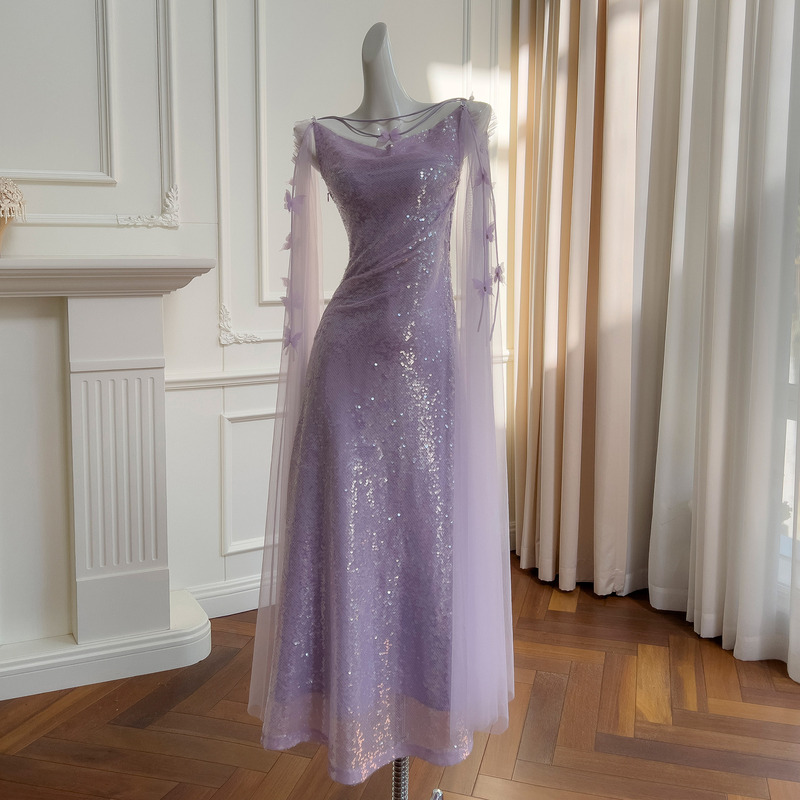 Fashionable and Elegant Two-Way Purple Sequin Evening Dress with Mesh Sleeves, High-Waisted, Slim-Fit Long Gown 68528 Fashionable and Elegant Two-Way Purple Sequin Evening Dress with Mesh Sleeves, High-Waisted, Slim-Fit Long Gown 68528