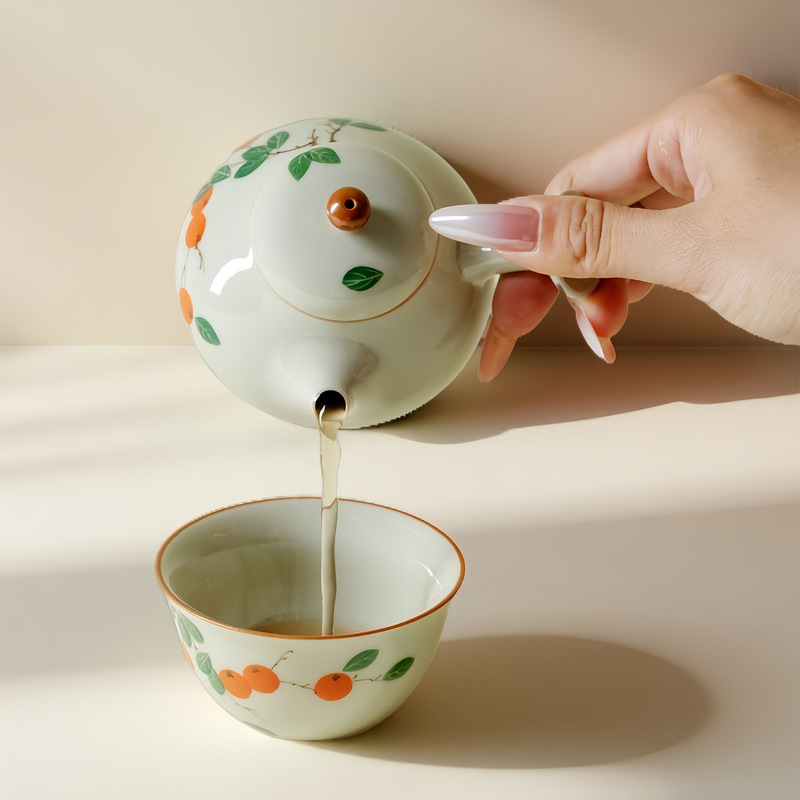 墨己秘青手绘柿子日式侧把壶功夫茶具家用球孔过滤茶壶小号手执壶|undefined