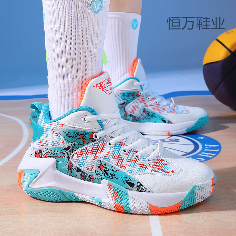 New Basketball Shoes from a Major Manufacturer in Fujian, National Trend Graffiti Rubber Couple Shoes, Breathable High-Top Comfortable Street Style Basketball Thick
