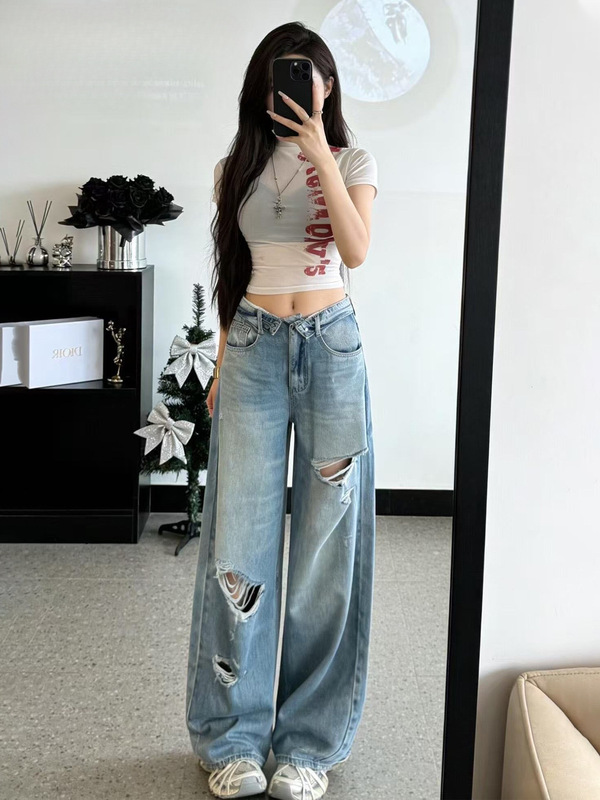 American Retro Ripped Wide-Leg Jeans for Women, Summer 2026, Thin Style, Fold-Over Waist, Loose Fit, Slimming Straight-Leg Floor-Length Pants