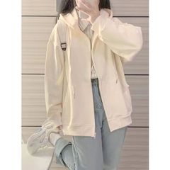 春秋新款印花奶杏色连帽卫衣女日系甜美宽松百搭显瘦拉链外套