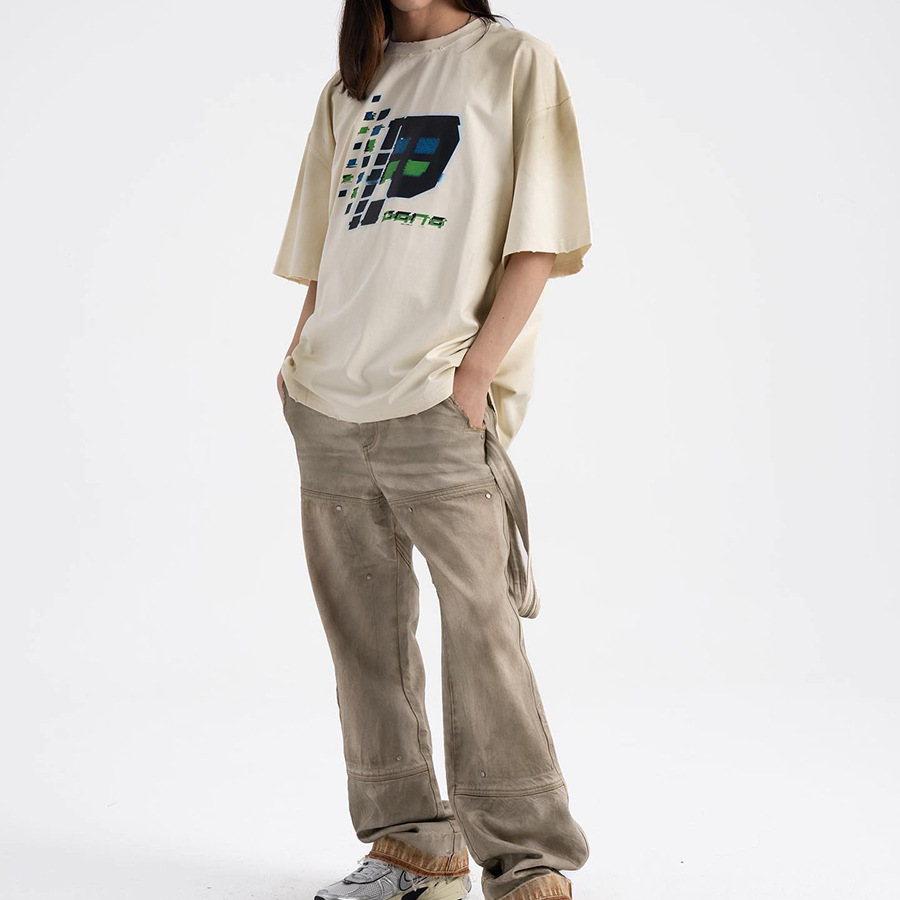 PANQ hace viejos molinos de lavado de agua impresos rotos camiseta de manga corta casual para hombres y mujeres