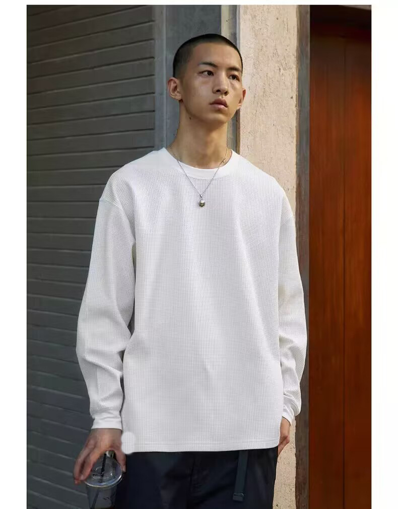 Herren Waffelstrick Langarm T-shirt Rundhalsausschnitt Freizeit_voghion.com