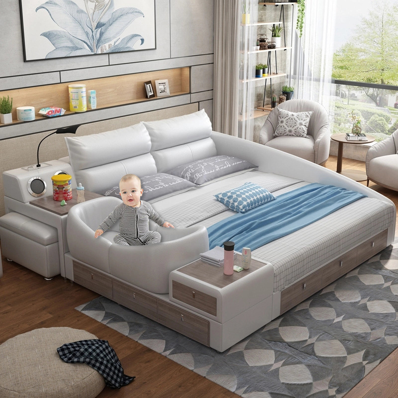 Modern Minimalist Large-Sized Master Bedroom Storage Double Wedding Bed Multi-functional Tatami Leather Bunk Bed