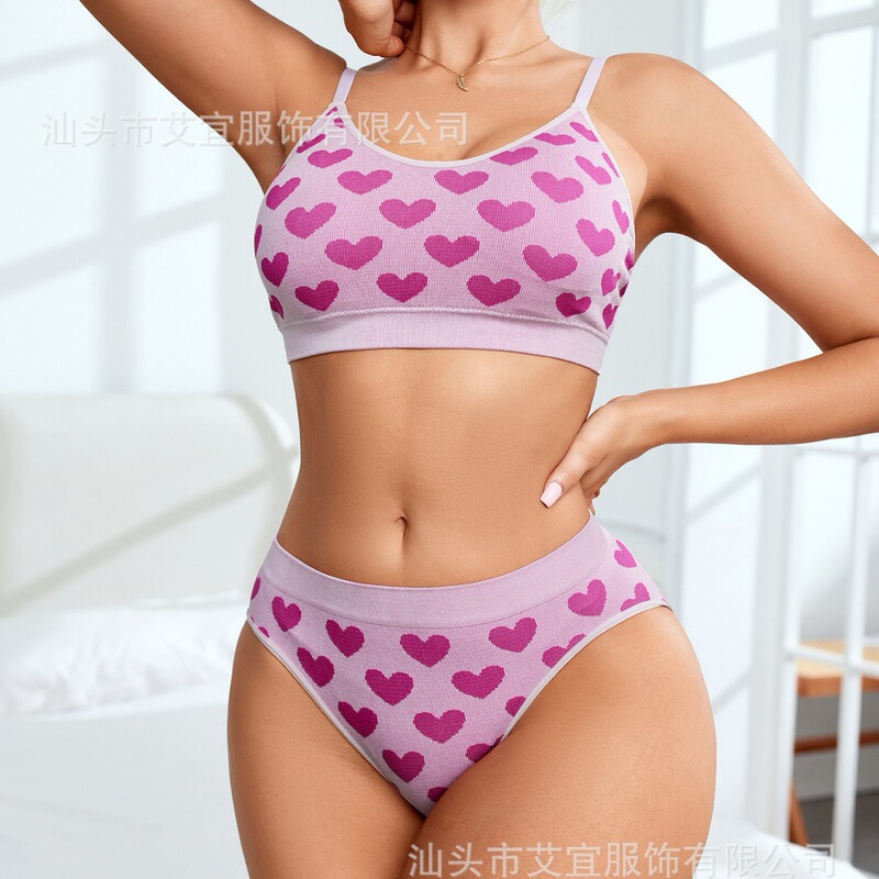 Popular Cross-Border Product Exclusively for Europe and America, Sexy Seamless All-Over Printed Heart-Patterned Camisole Lingerie Set, Sports Bra, Women's Bra