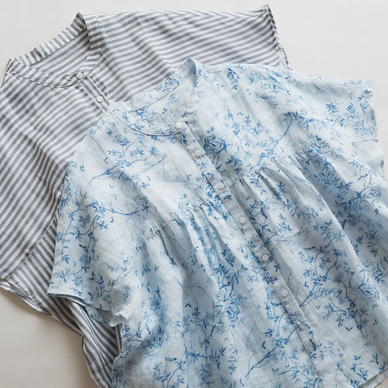 Japanese-Style Commuter Artistic 42-Count Lightweight Pure Ramie Printed Striped Loose Stand-Collar Batwing Short-Sleeve Shirt Top Japanese-Style Commuter Artistic 42-Count Lightweight Pure Ramie Printed Striped Loose Stand-Collar Batwing Short-Sleeve Shirt Top
