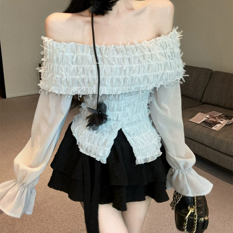 Winter skirt with tassels, set, open shoulders, flowered