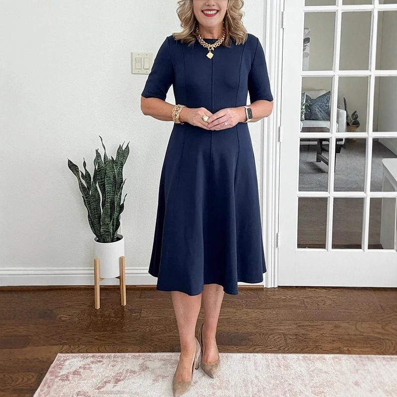 "2026 New Spring/Summer Short-Sleeve Slim-Fit Round-Neck Solid Color Dress, Elegant Women's Dress"_ecoleips.com