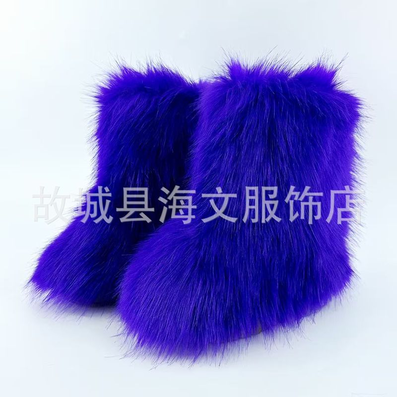 欧美跨境辣妹y2k毛毛靴子女冬季保暖时尚靴中筒靴大码平跟雪地靴|undefined