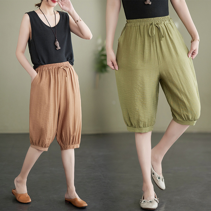2024 new cotton and linen lace-up lantern wide leg pants women's summer new retro casual loose five shorts wholesale 2024 new cotton and linen lace-up lantern wide leg pants women's summer new retro casual loose five shorts wholesale