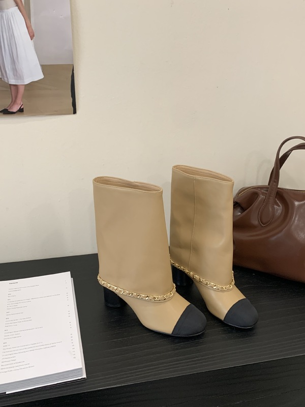 小香风圆头拼色骑士靴2025年秋季新款气质粗跟中筒裤管靴女|undefined