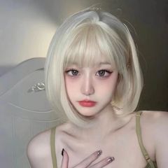 Cheng Ming Women's White and Gold Blonde Summer Air Bangs Bob Hairstyle 2023 New Arrival Natural Full Head Wig