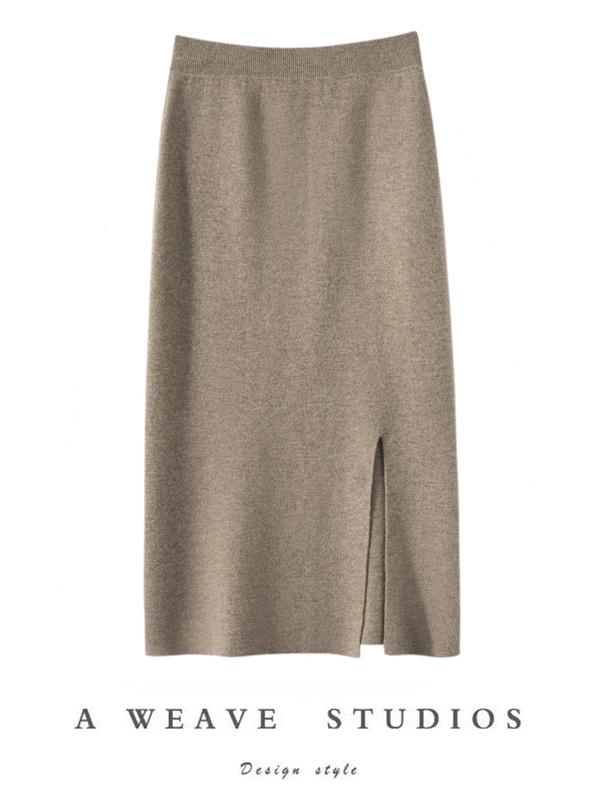 Cashmere Skirt for Women 2026 Autumn and Winter New Style Mid-Length High-Waisted Front Slit Skirt Knitted Warm Slimming Straight Skirt