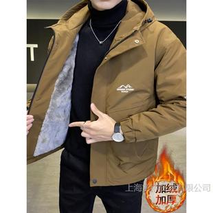 Velvet Thickeneded Jacket Men's Jacket New Winter Trendy Brand Korean Style Hooded Casual Workwear Parka Men's Cotton Outwear
