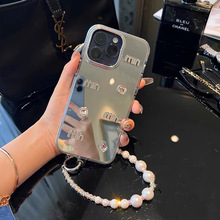 水钻镜面手机壳适用苹果15Pro珍珠手提绳挂链iPhone14轻奢高级感