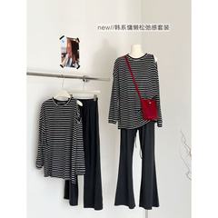 韩系慵懒露肩条纹长袖T恤+松紧腰休闲微喇裤两件套女秋2025新套装