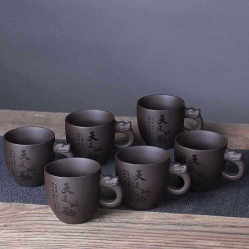 带把茶杯陶瓷家用 茶具6只紫砂功夫茶杯套装单个手柄大号品茗刻字