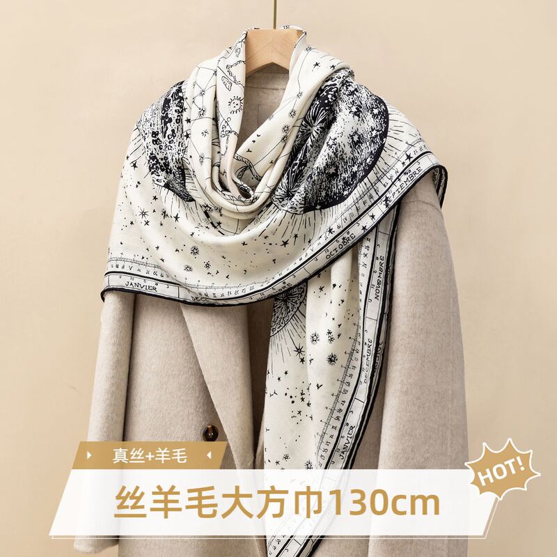 Fashion foreign style all-match silk wool scarf women's autumn and winter warm shawl double-sided printed multifunctional square towel wholesale
