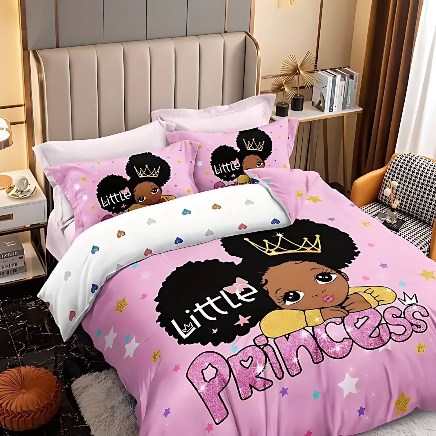 TEMU / JIT juguetón modelo de niña de piel negra impresión digital HD suave y cómodo conjunto de edredón