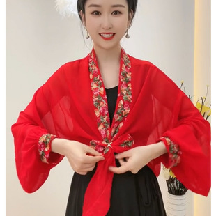 Miss He Da Chiffon Stitching Embroidered Lace-up Cardigan Sunscreen Shawl Ethnic Style Red Sunscreen Thin Beach Clothing