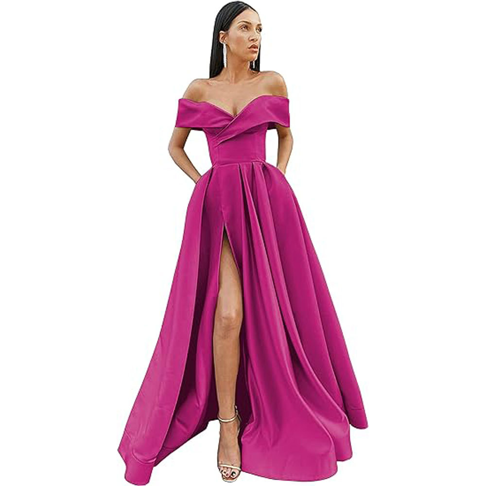 Amazon Comercio exterior fuera del hombro prom vestido de noche largo split sexy Fiesta de las mujeres vestido de banquete