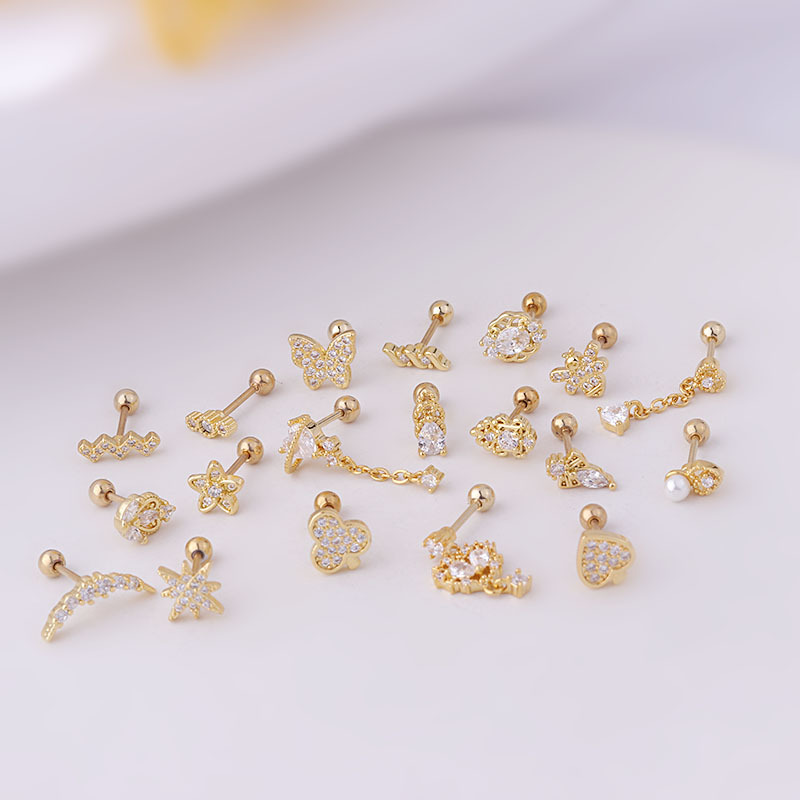 20G stainless steel thin rod zircon studs fashion piercing earring screws twist ball earrings single_voghion.com
