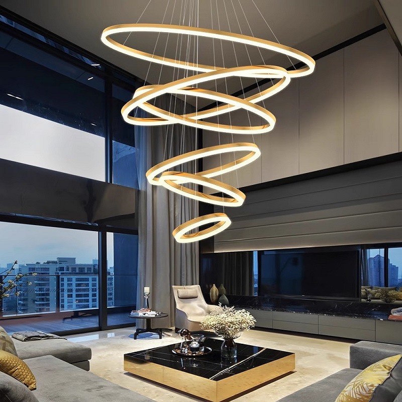 Luxury Chandelier for Duplex Villa, High-Ceiling Living Room, Modern Minimalist Chandelier, Hollow Ring Staircase Light