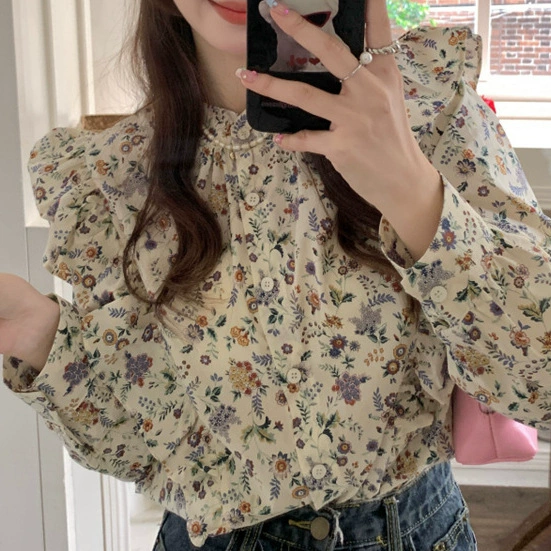 Дизайн чувство ниша сломанный цветок рубашка с длинными рукавами новая французская сладкая женская рубашка свободные топы другие