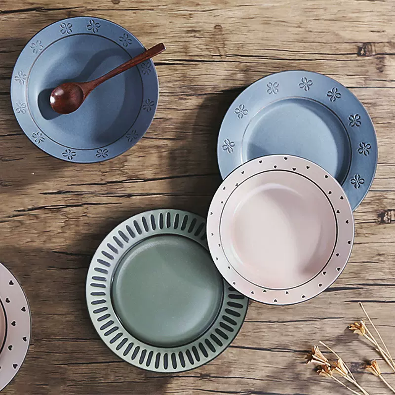 粗陶餐具 国风浮雕陶瓷盘日式餐盘复古陶土碗盘花边手绘深浅盘