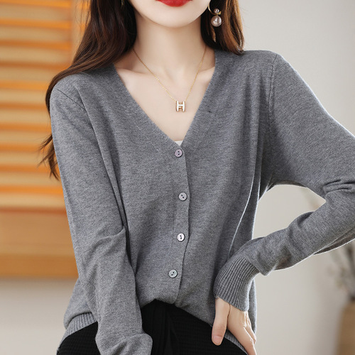 V-neck Spring and Summer Open Knit Top Long Sleeve Korean Style Slimming Fashion Women's Top for Layering Thin Single Color Outerwear