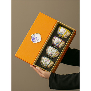 Light Luxury Enamel Single Ceramic Master Cup Kung Fu Tea Set Household Hexagonal Tea Cup Gift Box Set Souvenir